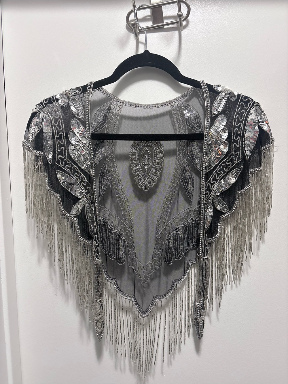 Embellished Silver & Black Fringe Shawl